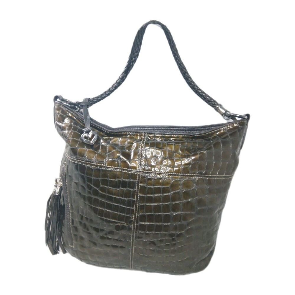 Brighton Cher Muse L Shoulder Bag  Patent Leather Croco Embossed Khaki Green